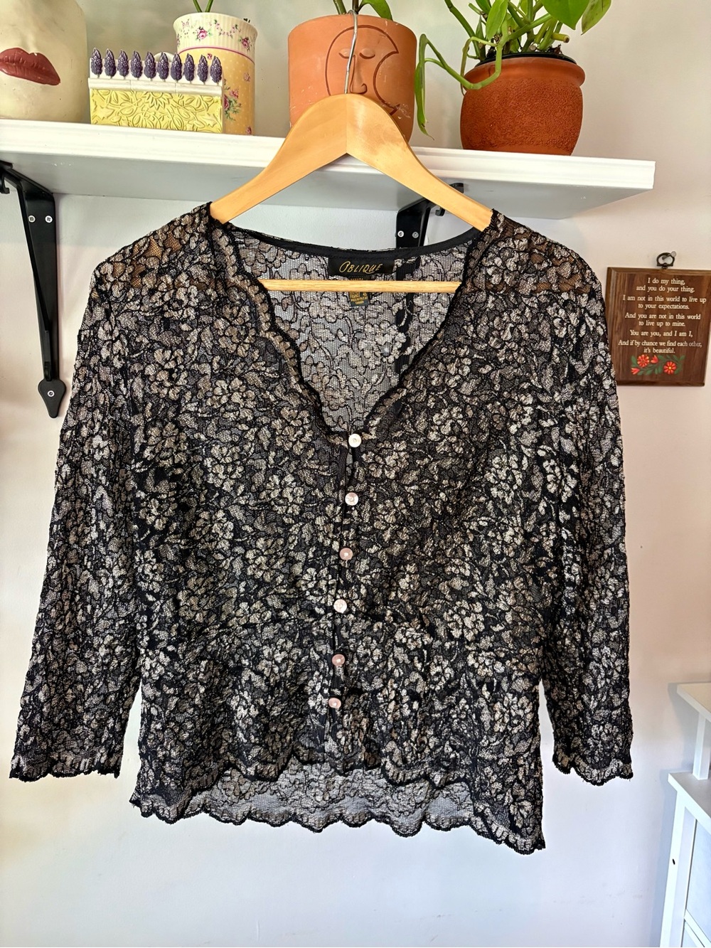Obey Black Floral Lace Button-Front Blouse